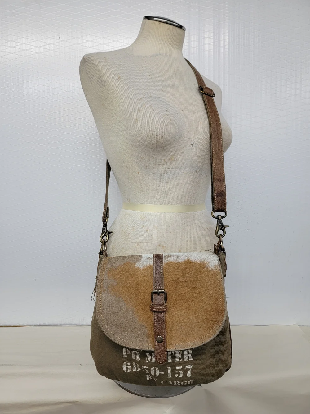 Myra Bag Canvas & Leather Hide Crossbody Bag Upcycled Military Canvas